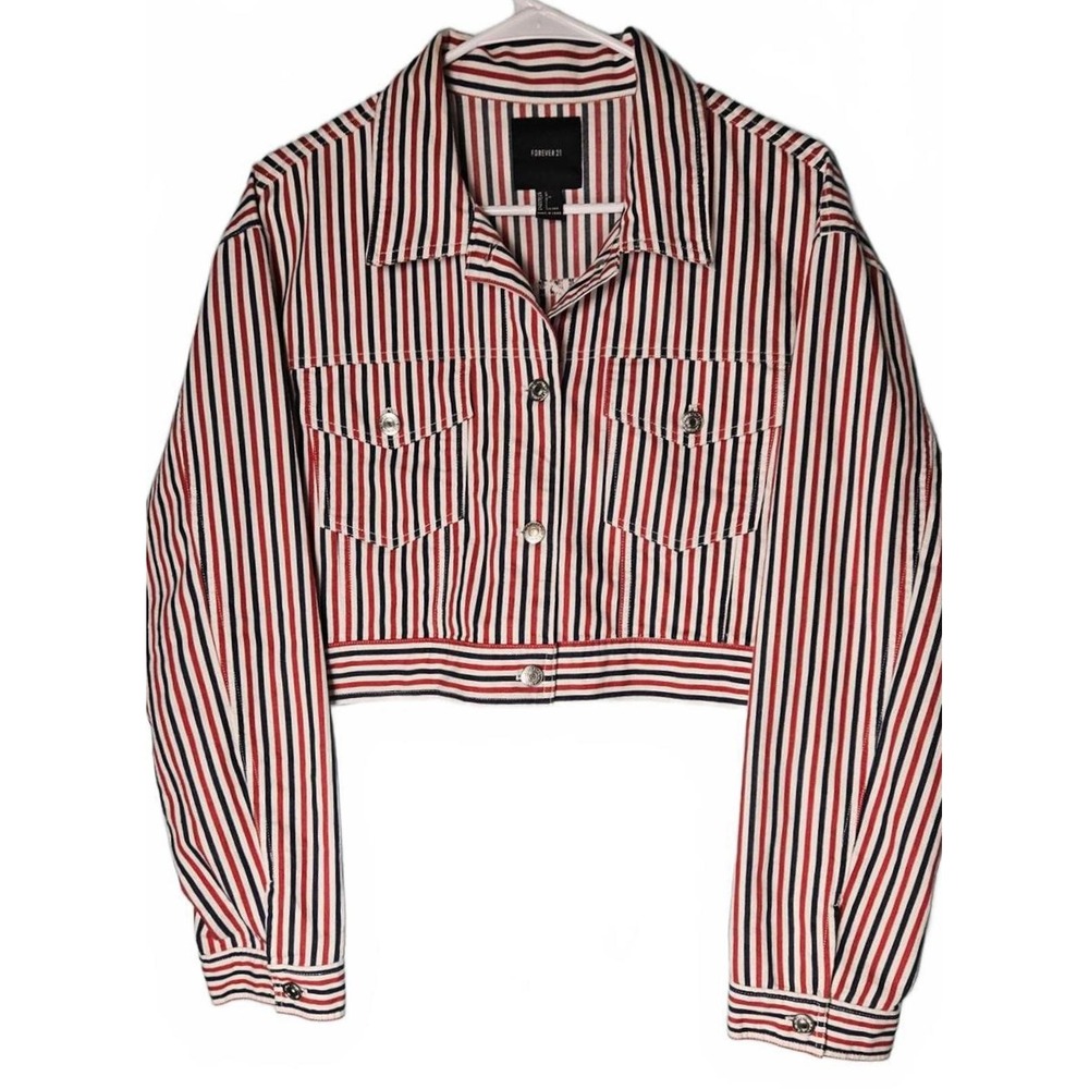 Forever 21 Womens Red White Blue Striped Cropped Denim Jacket Large Patriotic US